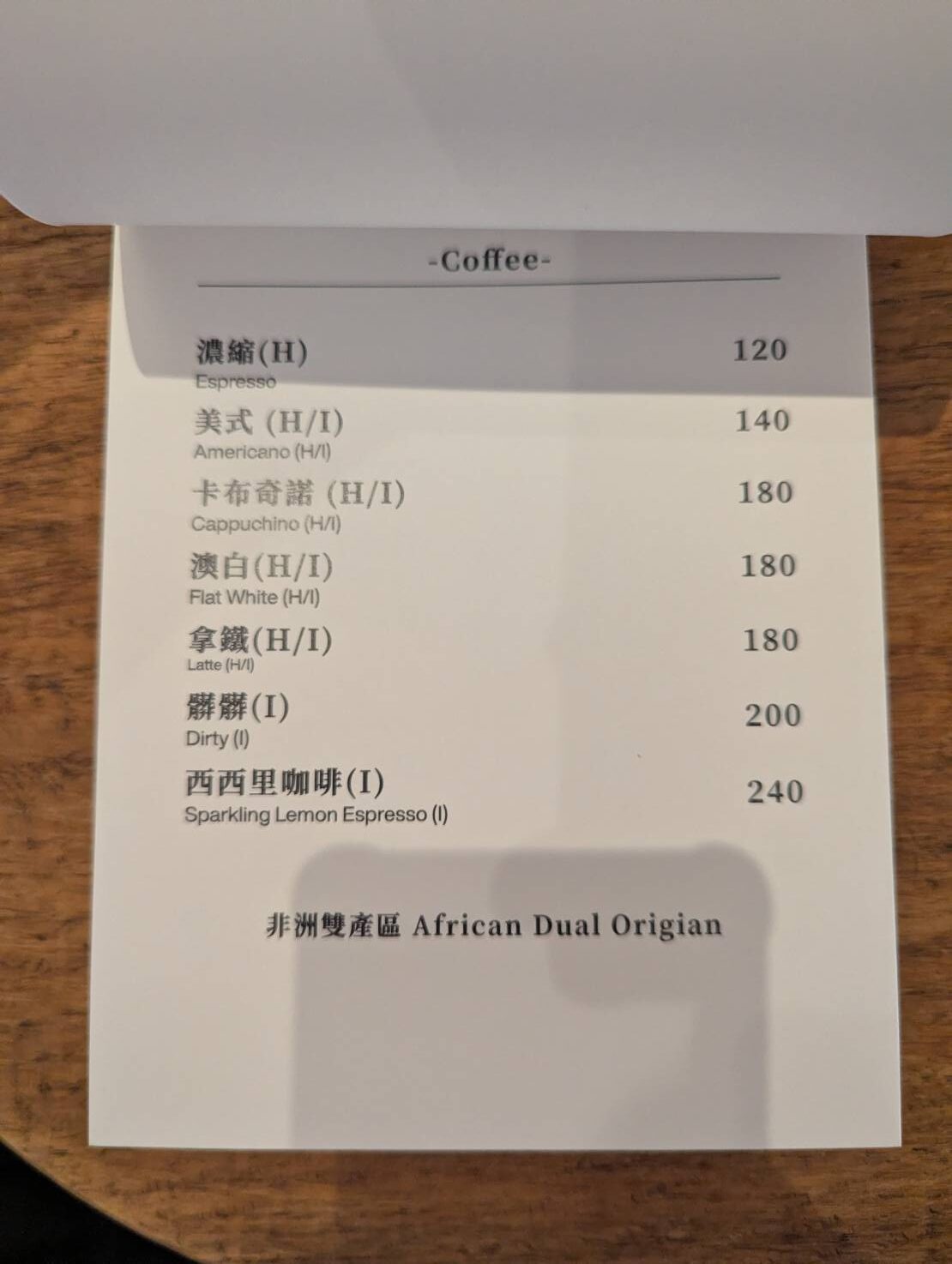 去所咖啡 CHiSO 咖啡菜單，包含濃縮、美式、卡布奇諾、澳白、拿鐵與西西里咖啡