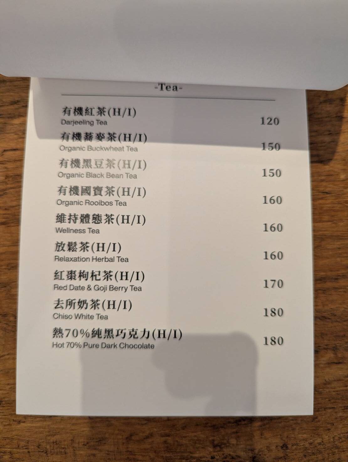 去所咖啡 CHiSO 茶品菜單，包含有機紅茶、蕎麥茶、黑豆茶、國寶茶與去所奶茶