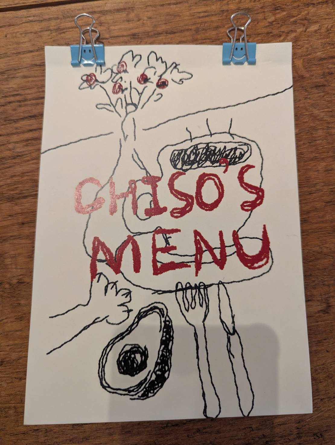 去所咖啡 CHiSO 手繪菜單封面，插畫以咖啡、酸種餐點與酪梨為主題